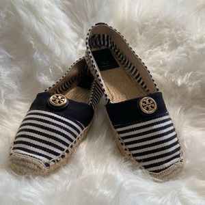 TORY BURCH Navy & White strip espadrilles size 9
